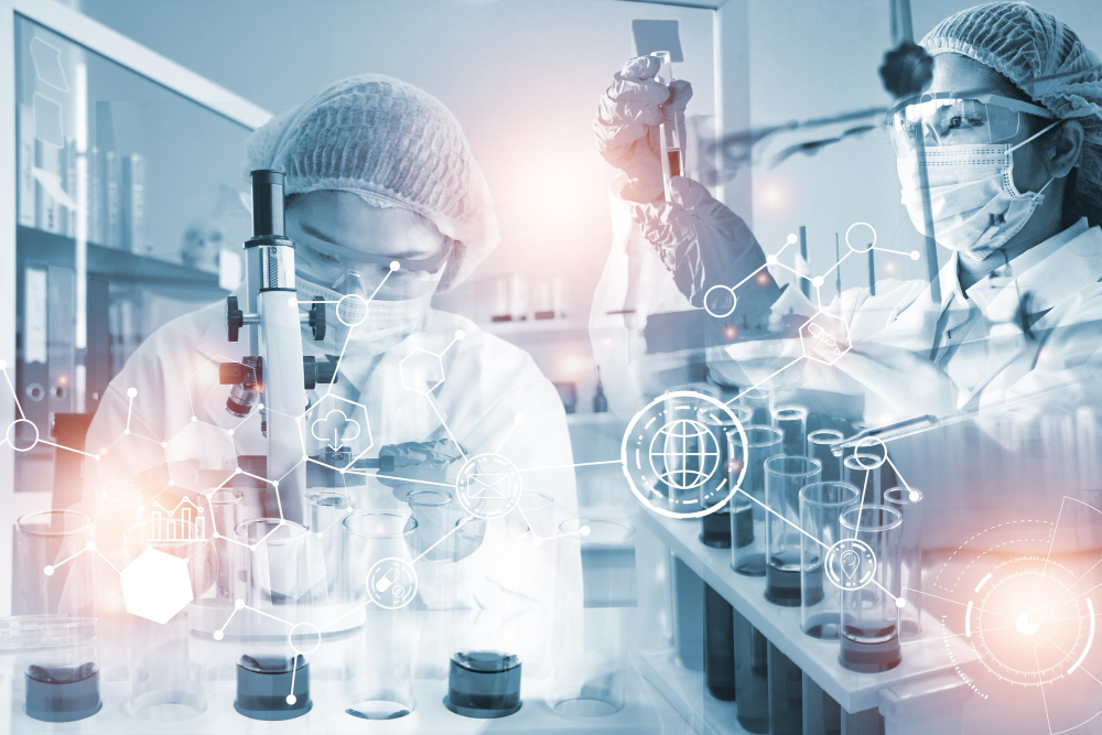 double-exposure-young-woman-scientific-using-equipment-laboratory-research